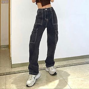 New high waist straight wide leg vintage look black cargo pants